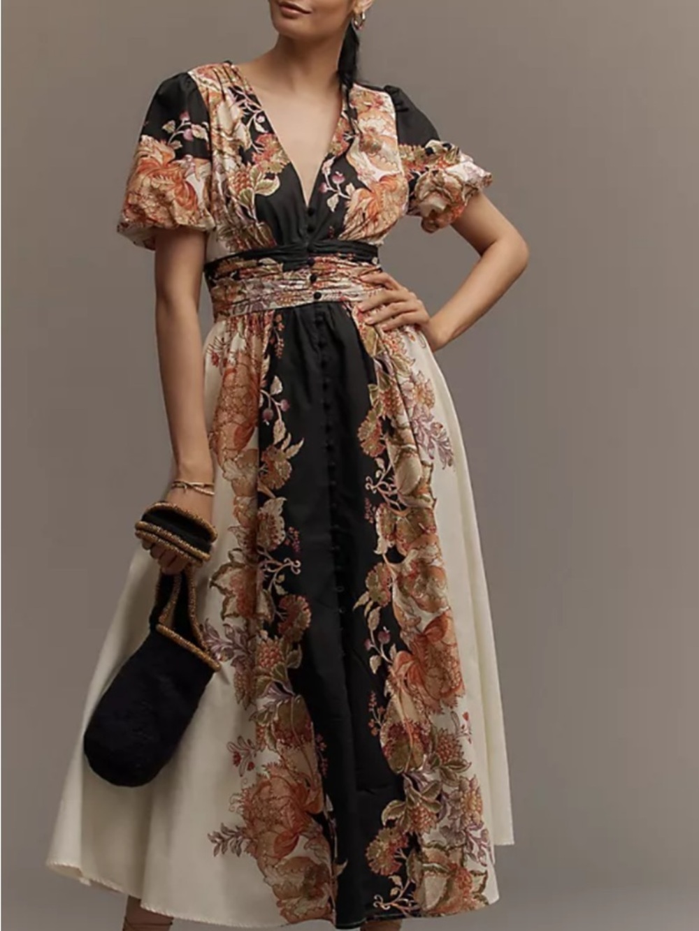 Anthropologie Black and Cream Floral Puff-Sleeve Midi Dress